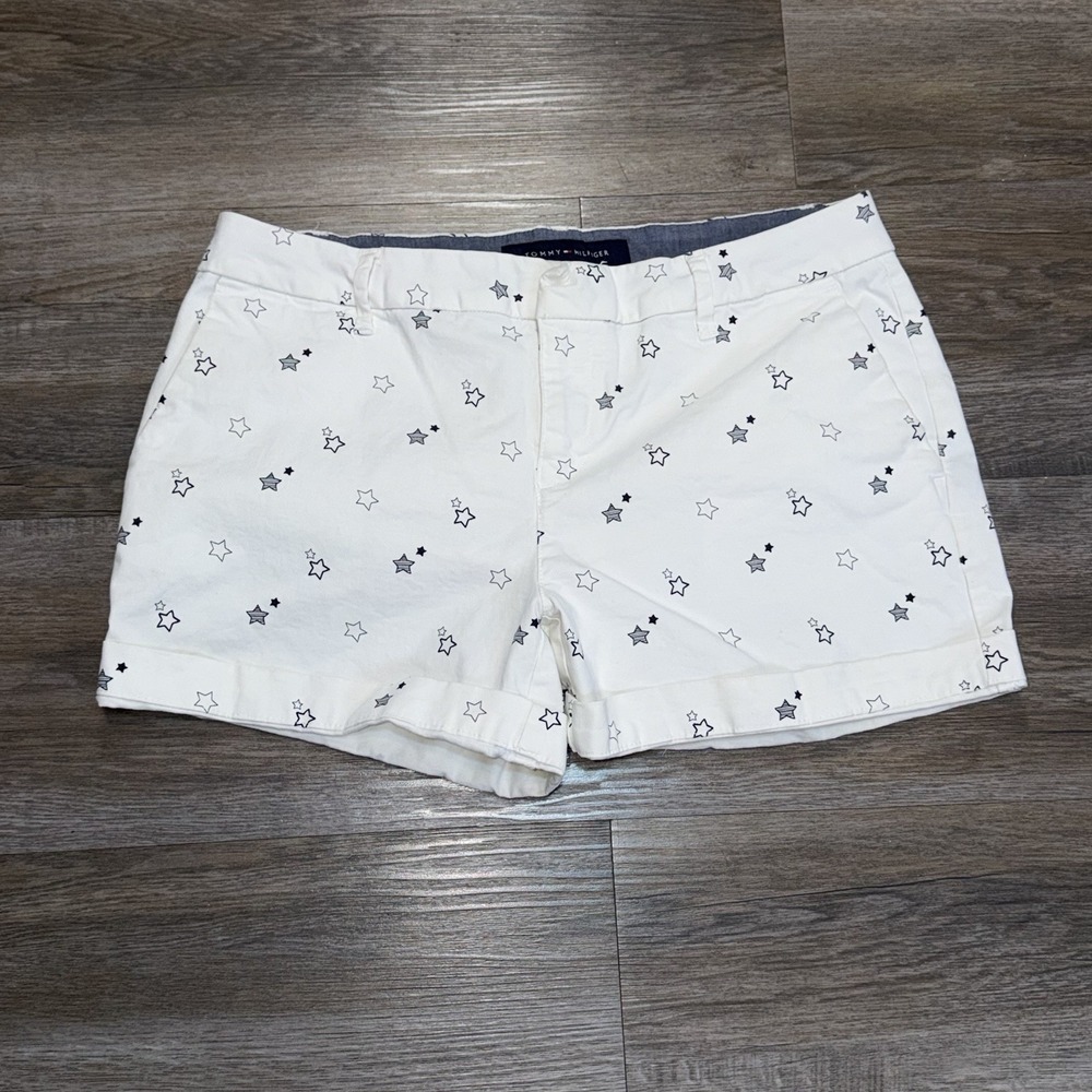Tommy Hilfiger White Chino Shorts Womens 4 All-Over Blue Star Pattern Cuffed Hem
